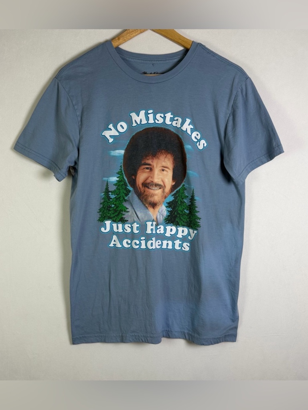 Bob Ross “No Mistakes Just Happy Accidents” Graphic Tee Men Sz M Blue T-Shirt
